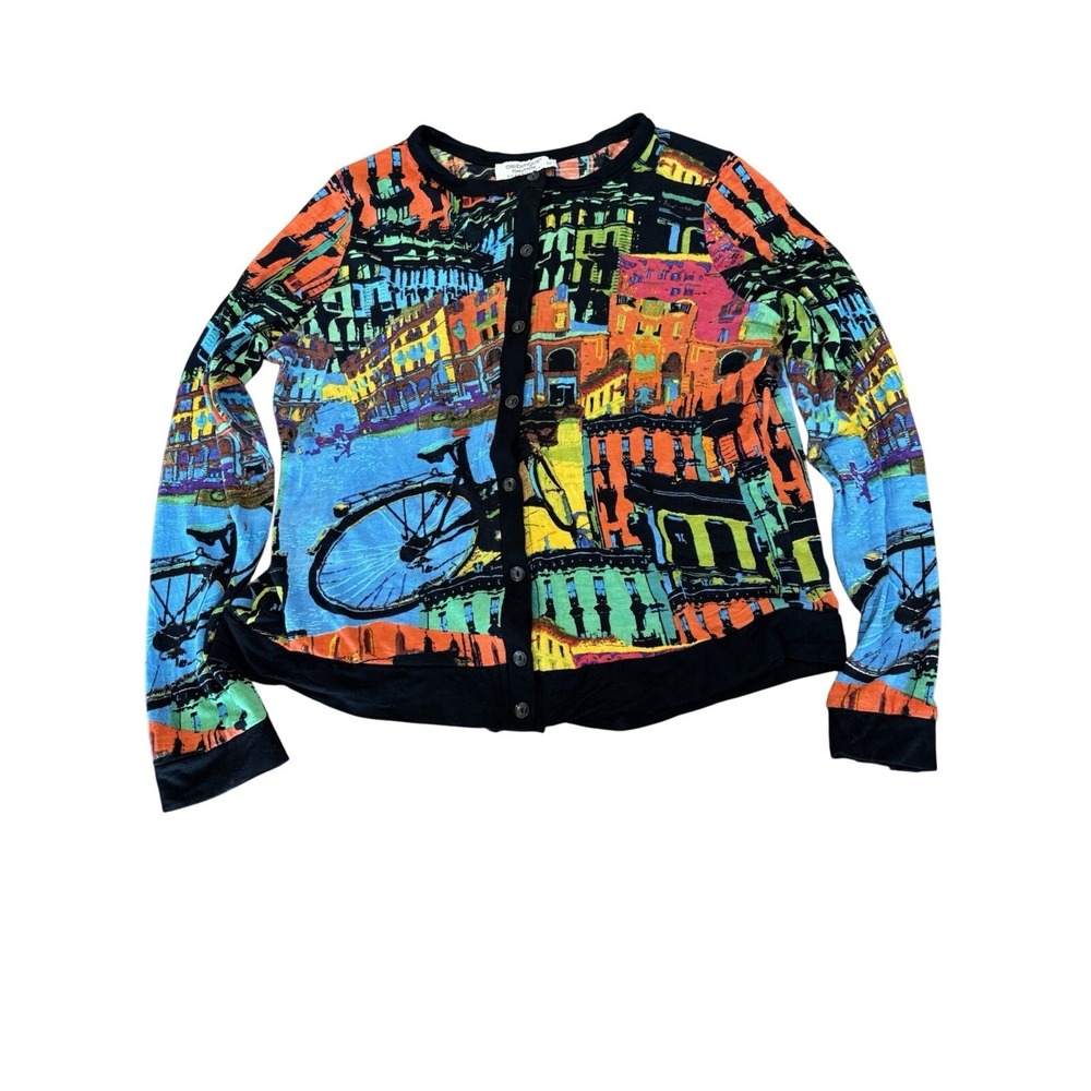 Orientique cardigan sweater women's size medium full graphic organic rayon